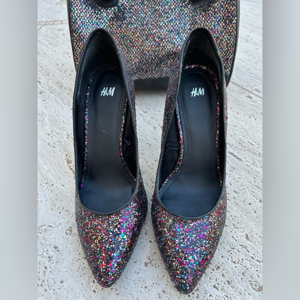 BLACK GLITTER HEELS PUMPS Black Multicolored Sparkly Glitter - Picture 2 of 12